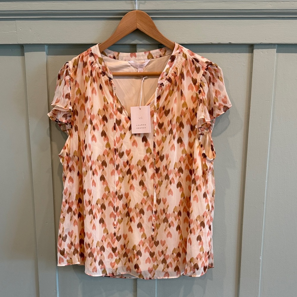 NWT LC Lauren Conrad Pink and Brown Flutter Sleeve Blouse - women's XL